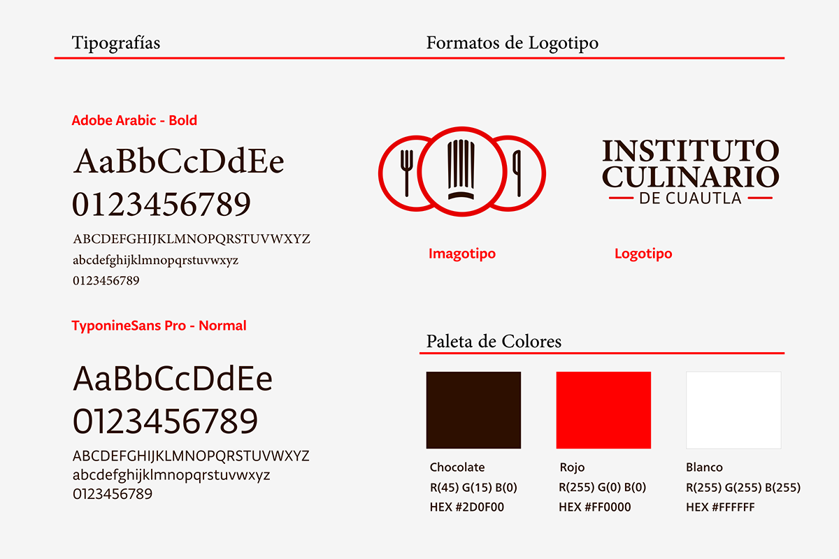 Paleta de Colores y Tipografías de Logotipo "Instituto Culinario de Cuautla"